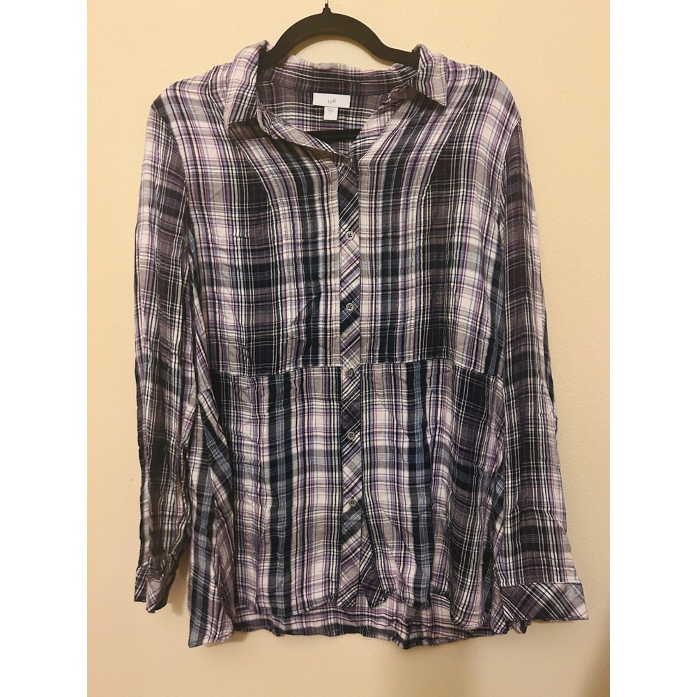 J. Jill Plaid Button Down Womens Large Purple Excellent Long Sleeve Relaxed